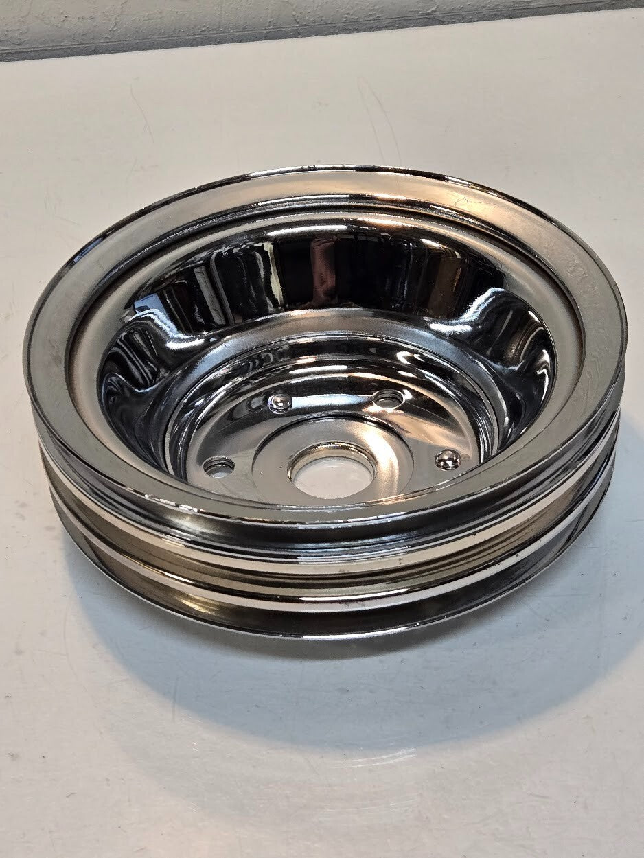 2 Quantity of Chrome Steel Long Water Pump 3 Groove Pulley for Chevy  (2 Qty)