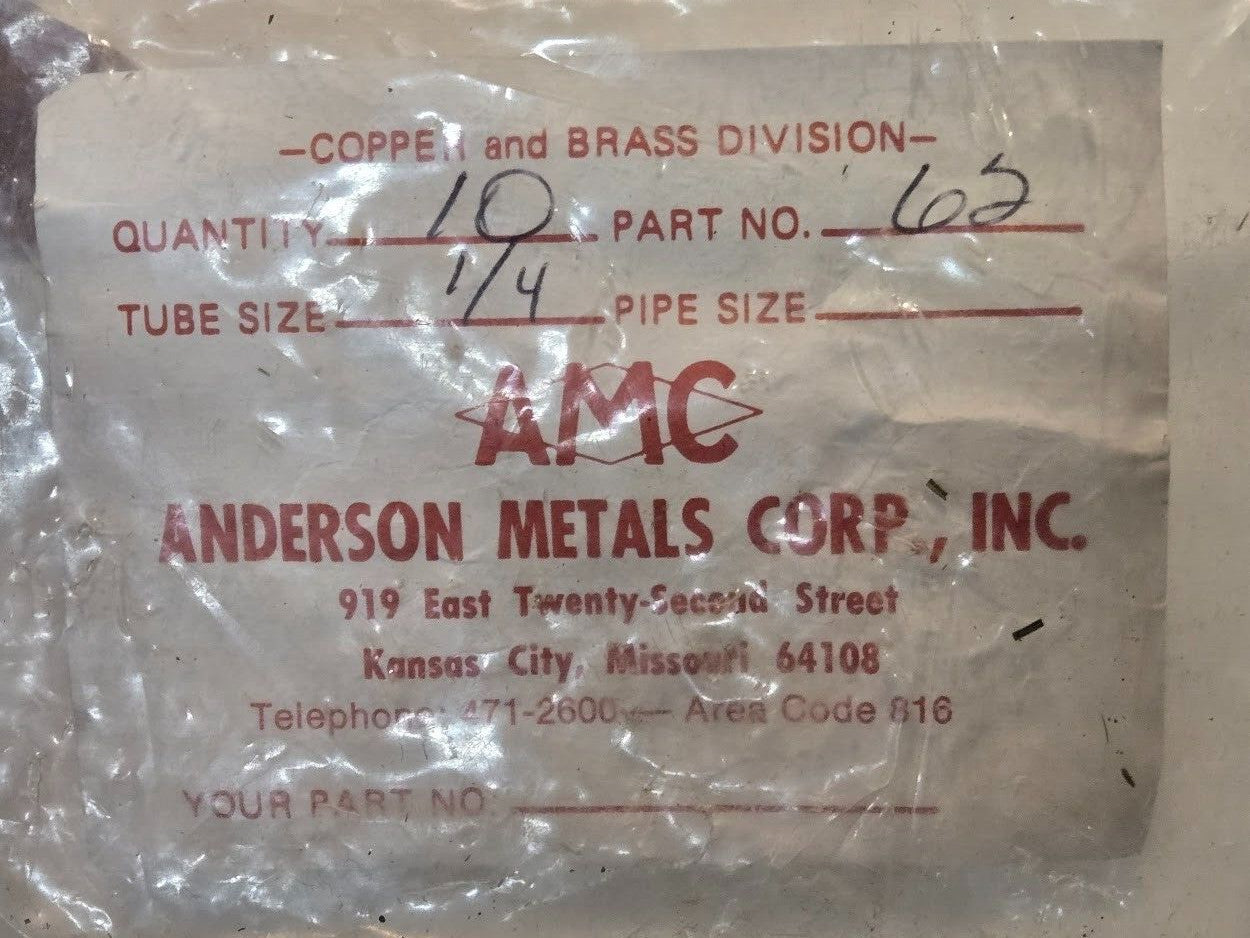10 Quantity of Anderson Metals Corp Part 62 1/4" Compression Unions (10 Qty)