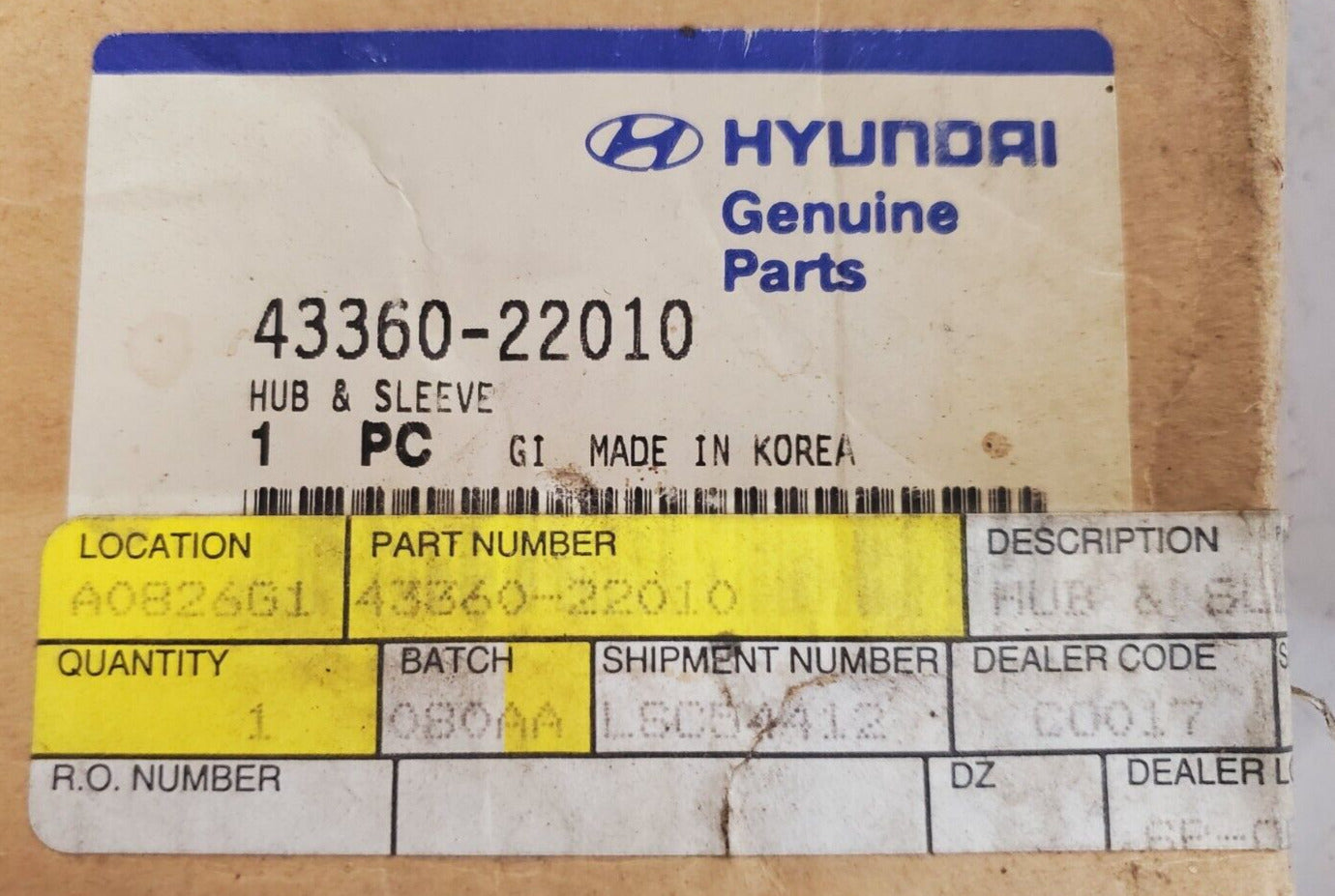 Hyundai Genuine Parts Hub & Sleeve 43360-22010 | LSC54412 | C0017