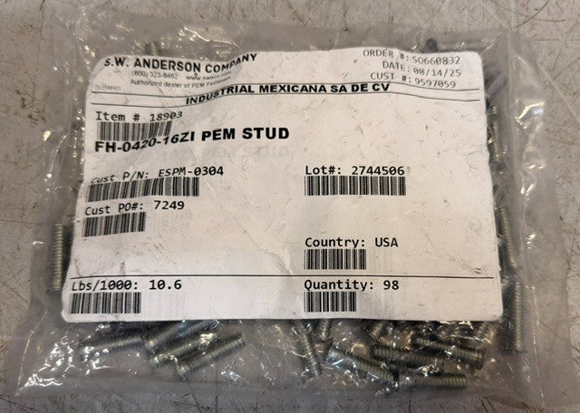 Bag Of 98 S.W.  Anderson FH-0420-16ZI PEM Self-Clinging Flush Stud Replacements