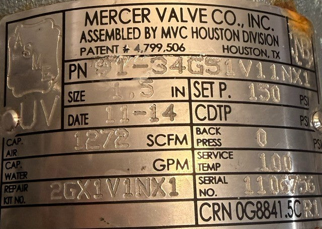 Mercer Valve 9100 Series Threaded Pressure Relief Valve 91-34G51V11NX1