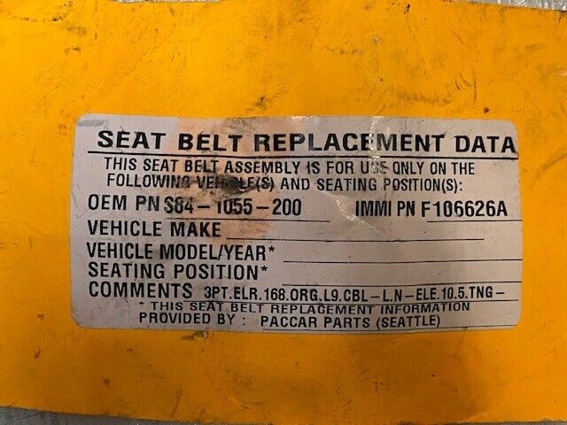 Paccar Truck Seat Belt Orange Complete Replacement System S84-1055-200 F106626A