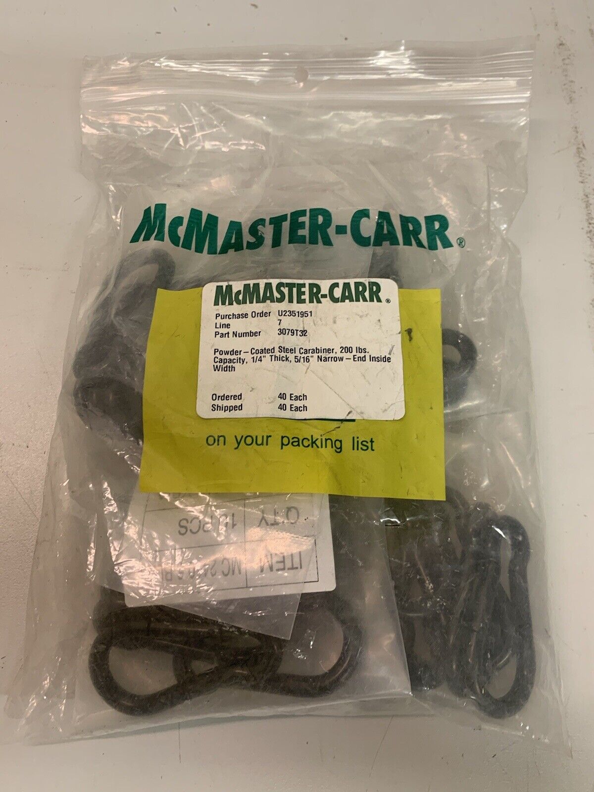 40 Pack of McMaster-Carr Powder Coated Steel Carabiners 200Lb, 1/4” Thick, 5/16”