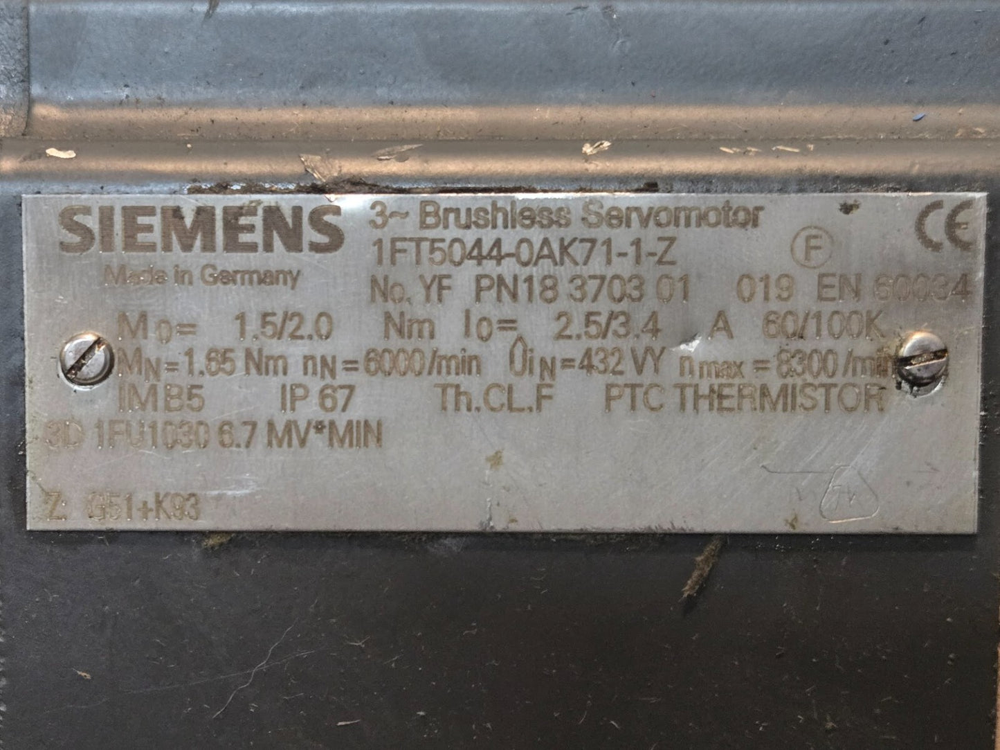 Siemens Servo Motor 1FT5044-0AK71-1-Z | YF PN18 3703 01 | 019 EN 60034