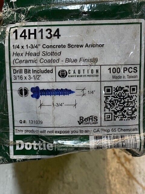 97 Qty of Dottie 1/4 x 1-3/4" Concrete Screw Anchors 14H134 Blue Finish (97 Qty)