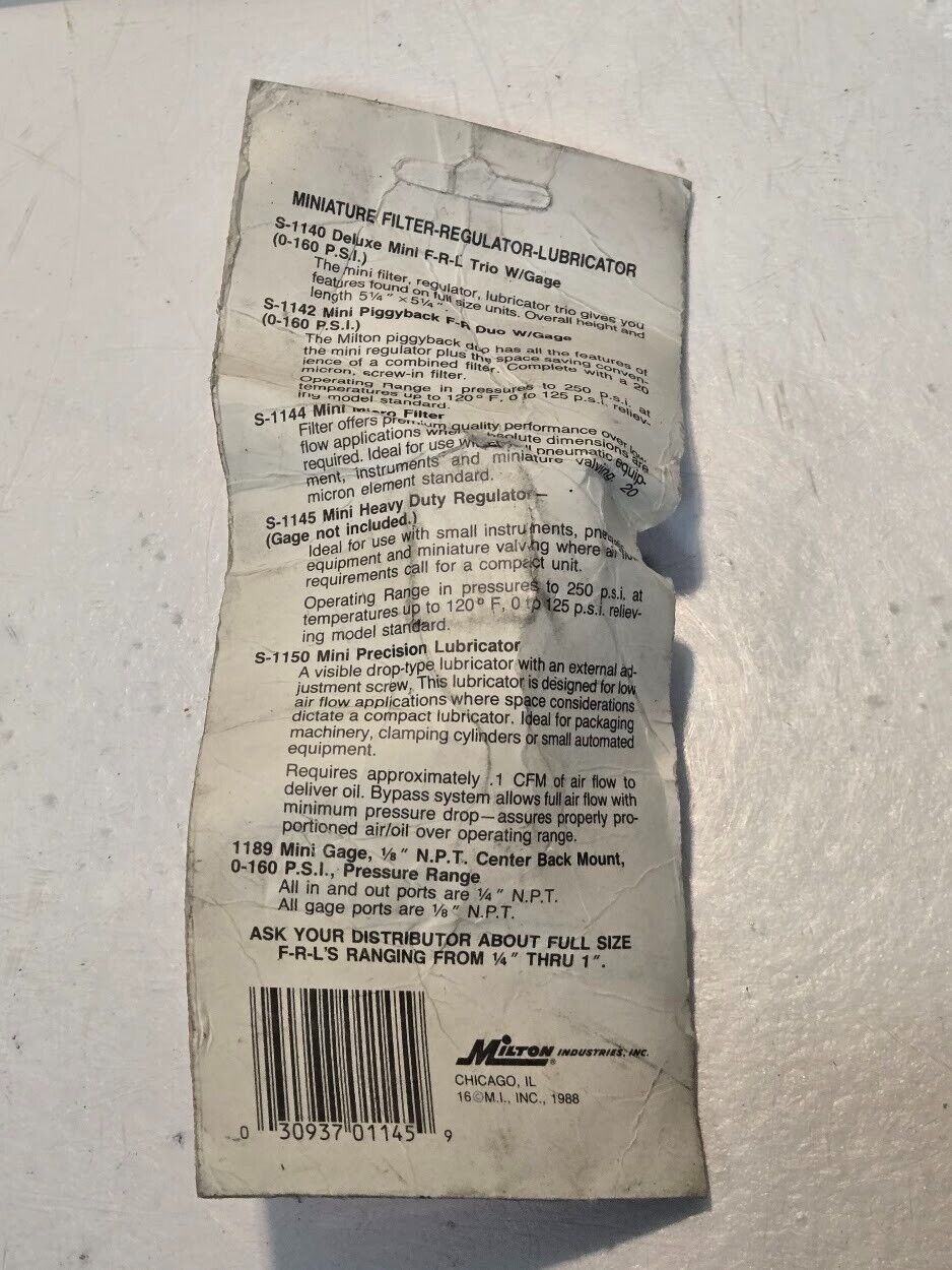 Milton S1145 Mini Heavy Duty Regulator 1/4" FNPT 250PSI 030937011459