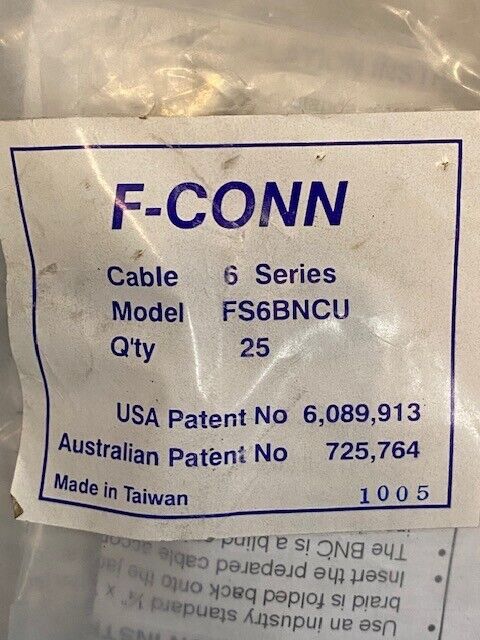 F-Conn 6 Series Cable FS6BNCU Model Pack of 25 Connectors