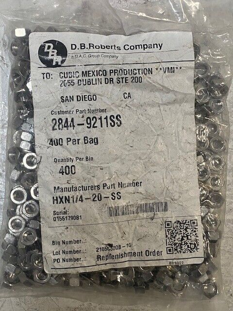 D.B. Roberts Company HXN1/4-20-SS Hex Nuts 400pcs