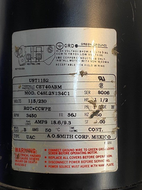 A.O. Smith Corp Pool Pump Motor UST1152 Model C48L2N134C1