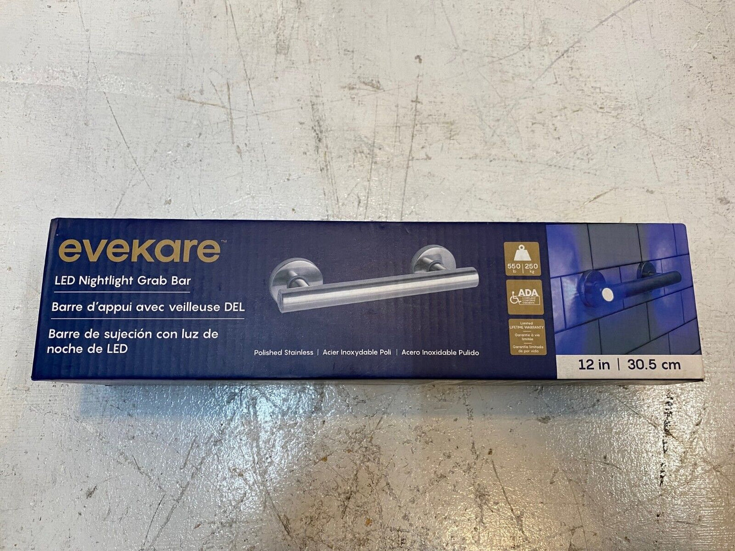 Evekare LED Nightlight Grab Bar 12" Polished Stainless