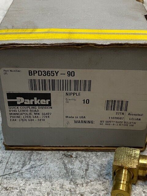 10 Quantity of Parker Quick Coupling Nipples BPD365Y-90 (10 Quantity)