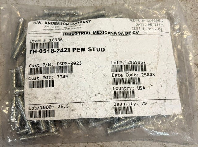 Bag Of 79 S.W. Anderson Zinc Plated FH-0518-24ZI PEM Studs Flat Top