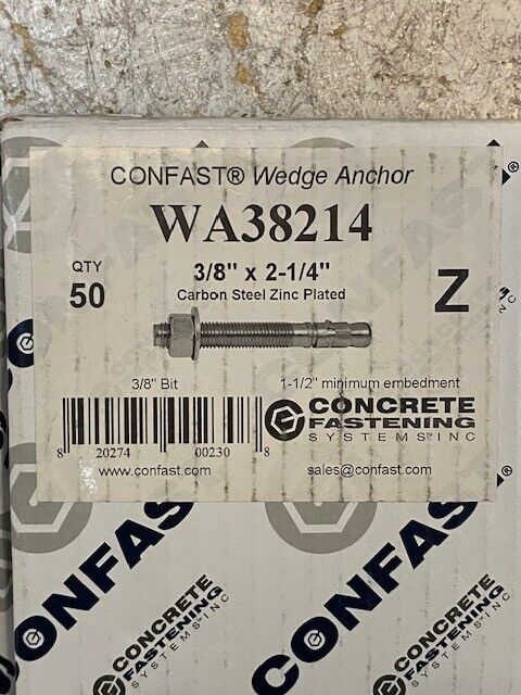 200 Quantity of Confast Wedge Anchors WA38214 3/8" x 2-1/4" (4 Boxes Of 50 Each)