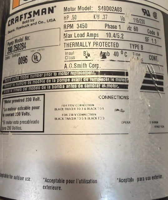 Craftsman Hydro-Glass Shallow Well Jet Pump S48D02A03 | 1/2 HP | 30/50 Pressure