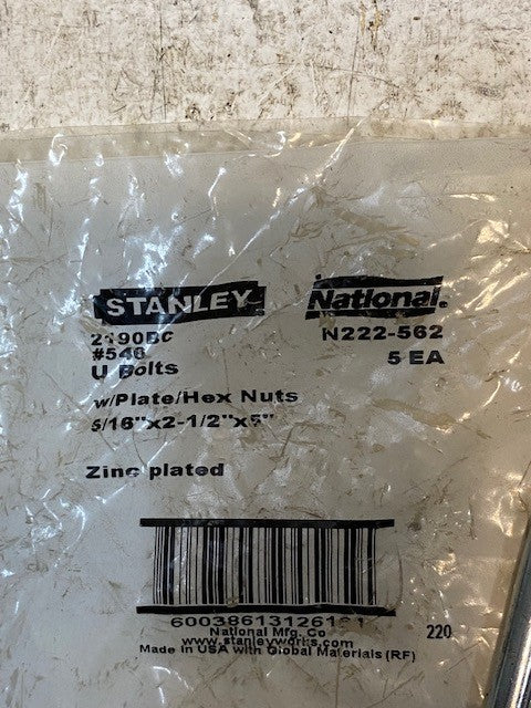 5 Quantity of STANLEY 2190BC U-Bolts w/ Plate & Hex Nuts (5 Quantity)