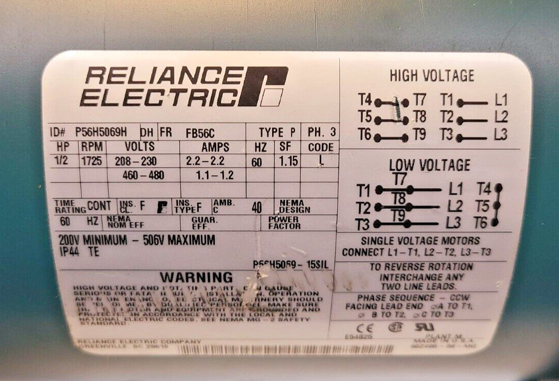 Reliance Electric Electric Motor P56H5069H | 1/2 HP  1725 RPM 208-230V / 460-480