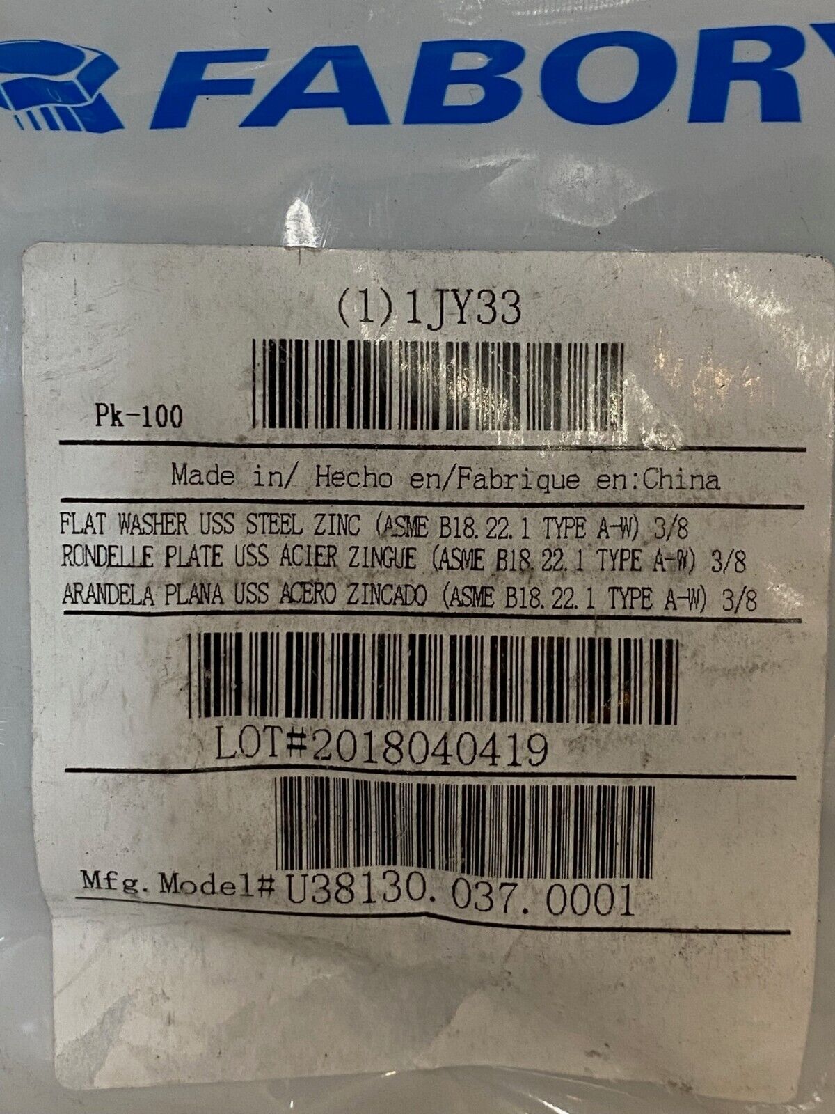 29 Bags of 100 Each Fabory IJY33 Flat Washer USS Steel Zinc 3/8 (29,000 Qty)