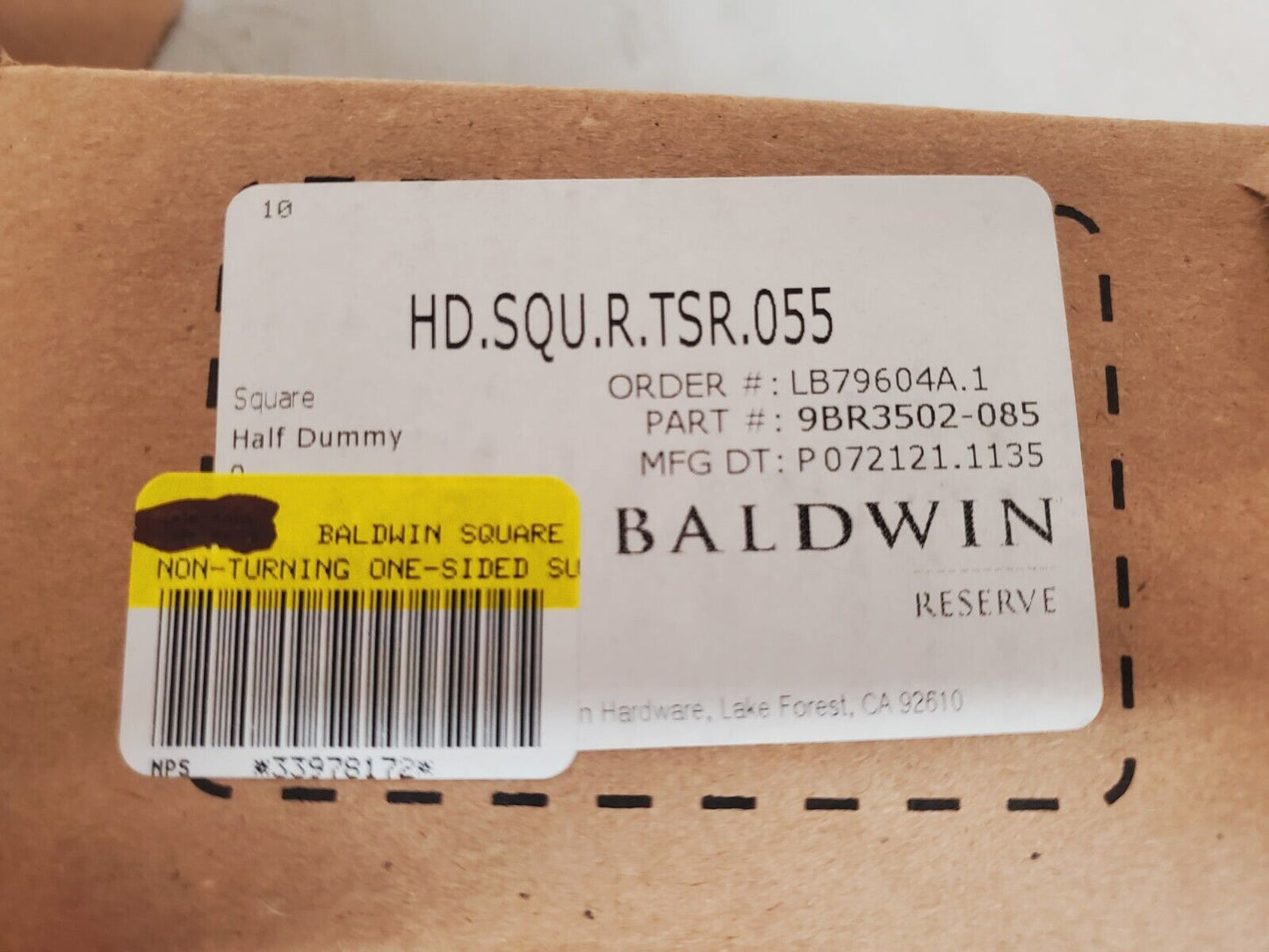 5 Boxes of Baldwin Reserve Square Half Dummy 9BR3502-085 HD.SQU.R.TSR.055 -5 qty