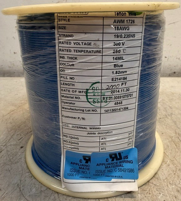 Nordson Teflon Appliance Wire 2000Ft 18 AWG, AWM 1726 Electrical Hookup Wire