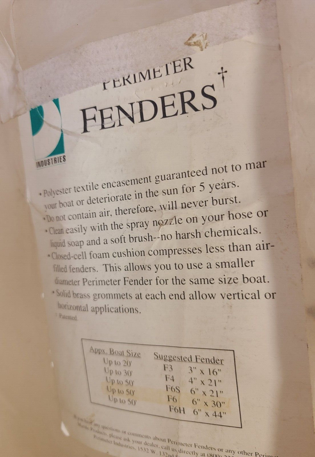 Perimeter Industries Fenders Up to 50' F6 | 6"x30" Polyester Textile Encasement