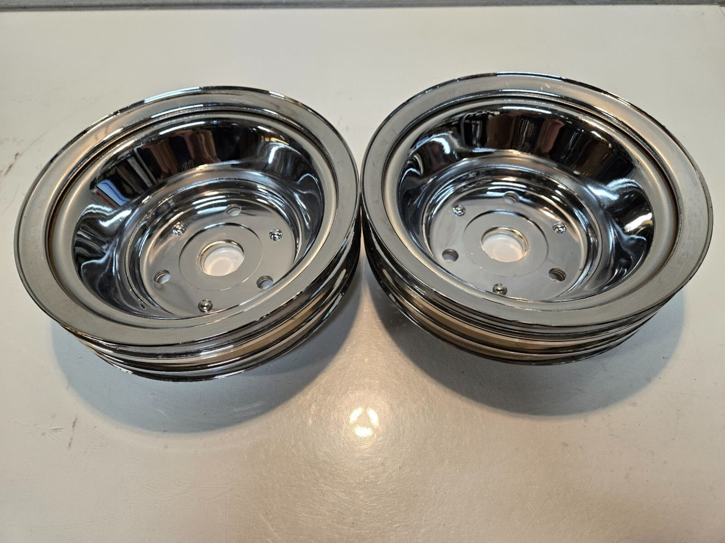 2 Quantity of Chrome Steel Long Water Pump 3 Groove Pulley for Chevy  (2 Qty)