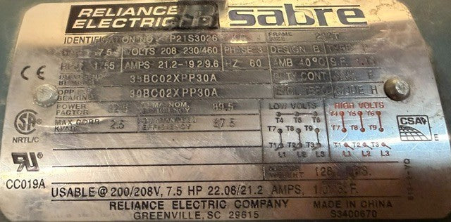 Reliance Electric Sabre AC Induction Motor P21S3026 | 7.5 HP 1755 RPM Phase 3