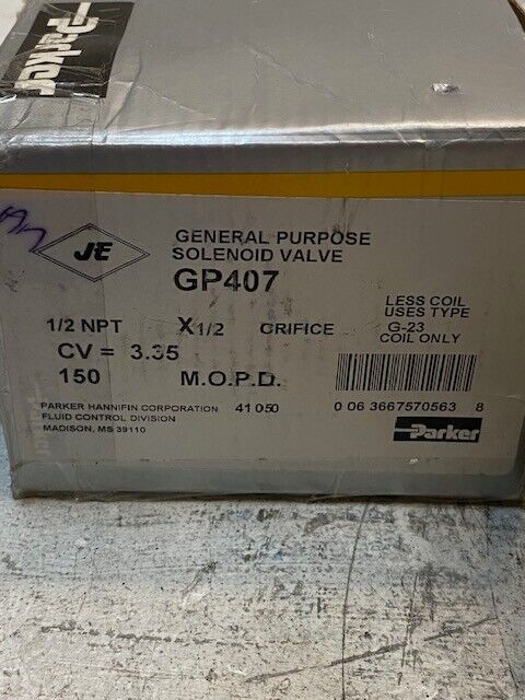 Parker Solenoid Valve GP407 | 41050 | 1/2 NPT CV = 3.35