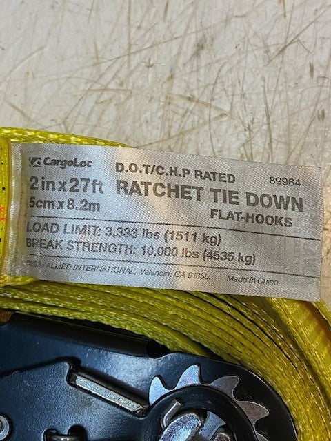 2 Qty of CargoLoc 89964 Flat Hook Ratchet Tie Down 2" x 27' x 10,000 lbs (2 Qty)
