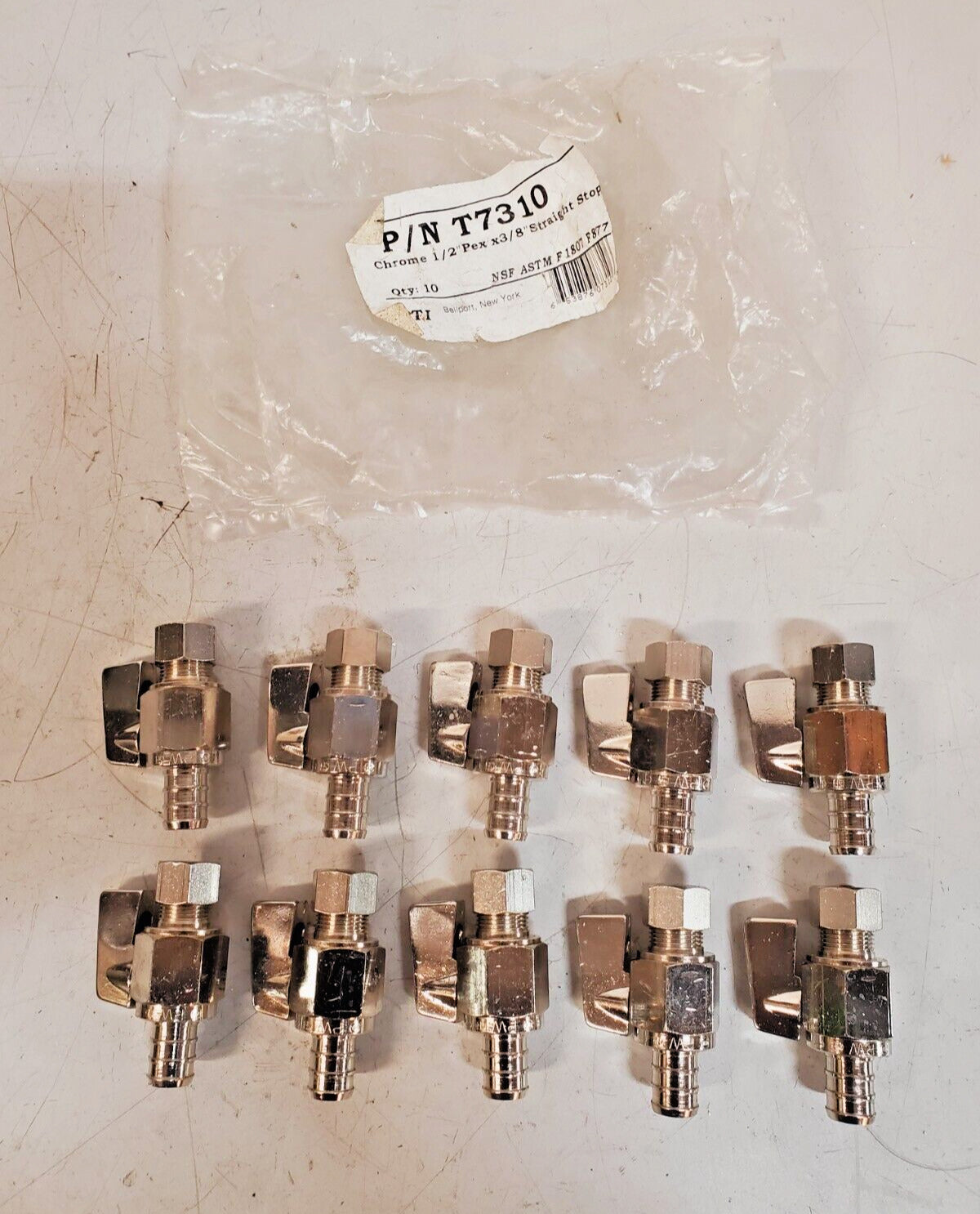 10 Quantity of RTI Chrome 1/2" Pex x 3/8" Straight Stop Valves T7310 (10 Qty)