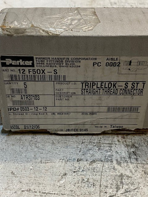 10 Qty of Parker 12F50X-S Triple-Lok Straight Thread Connectors (2 Boxes of 5)