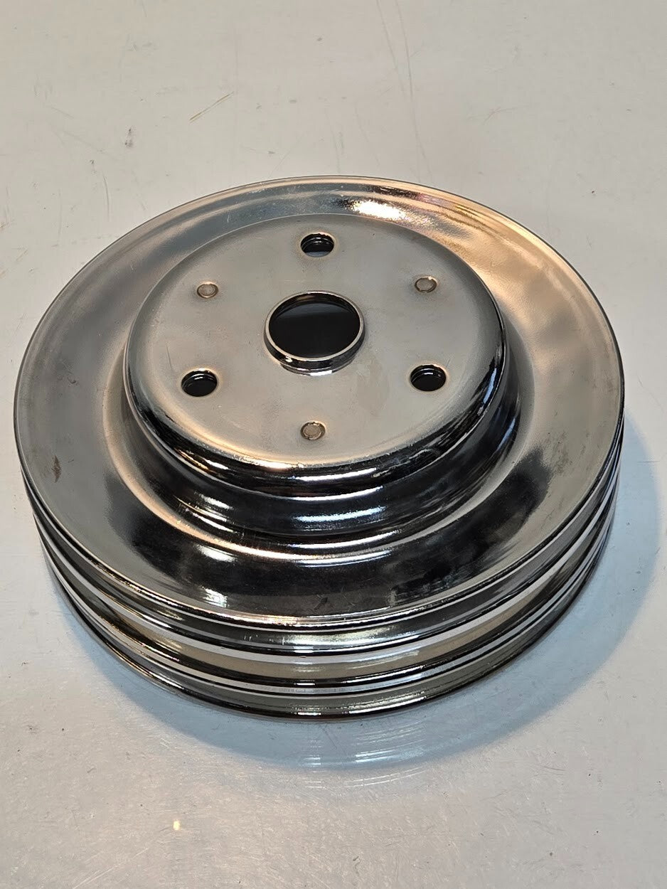 2 Quantity of Chrome Steel Long Water Pump 3 Groove Pulley for Chevy  (2 Qty)