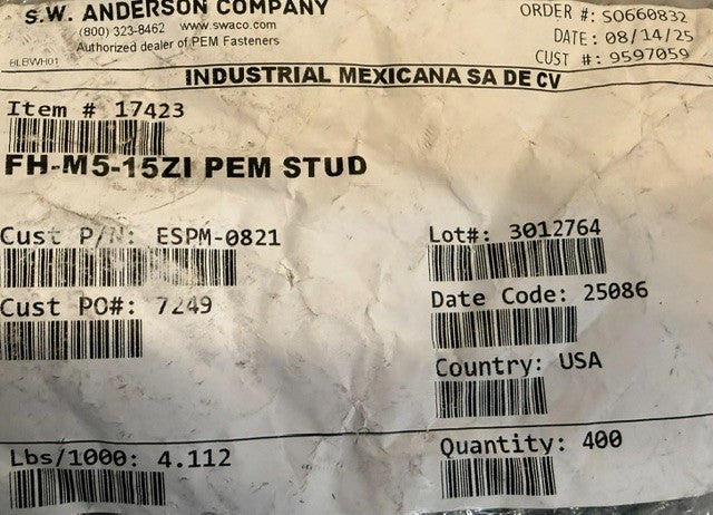 Bag Of 400 PEM Self-Clinching Threaded Studs S.W. Anderson Model FH-M5-15ZI