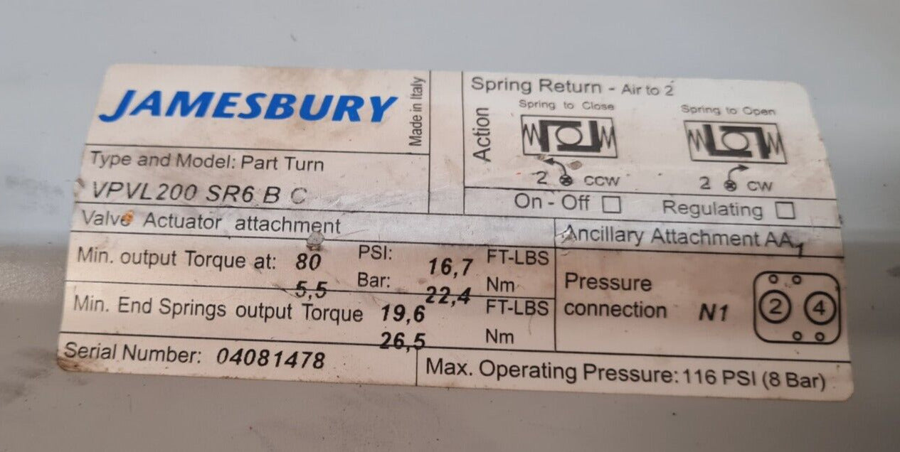 Jamesbury Valve Actuator VPVL200 SR6 BC | SR6 B C | 80 PSI | 16.7FT-LBS