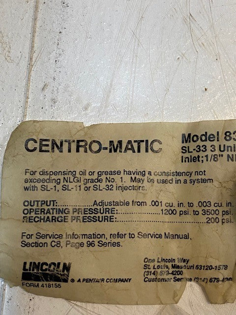 Centro-Matic Model 83715-3 Single Grease Injector Assembly Lubrication Injector