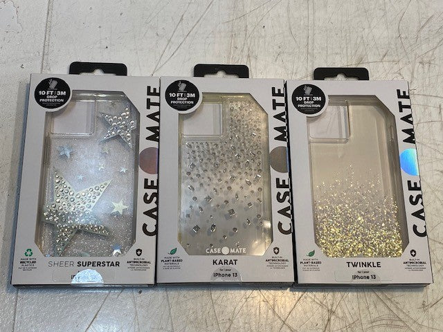3 Assorted Case Mate iPhone 13 Phone Cases Sheer Superstar, Karat & Twinkle