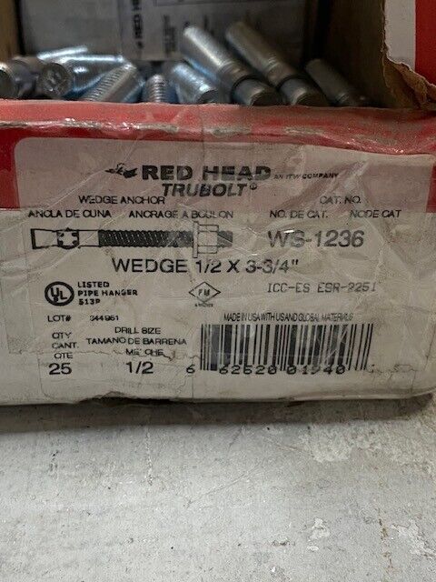 25 Quantity of Red Head Trubolt Wedge Anchors 1/2 x 3-3/4" WS-1236 (25 Quantity)