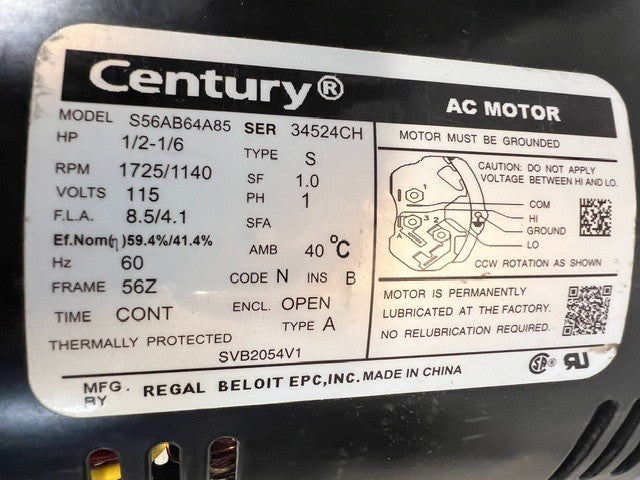 Century Brand AC Motor Model S56AB64A85 | 1/2 HP 1725 RPM 60Hz 115 V Replacement