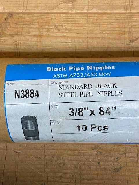 10 Quantity of Standard Black Steel Pipe Nipples 3/8" x 84" N3884 (10 Quantity)