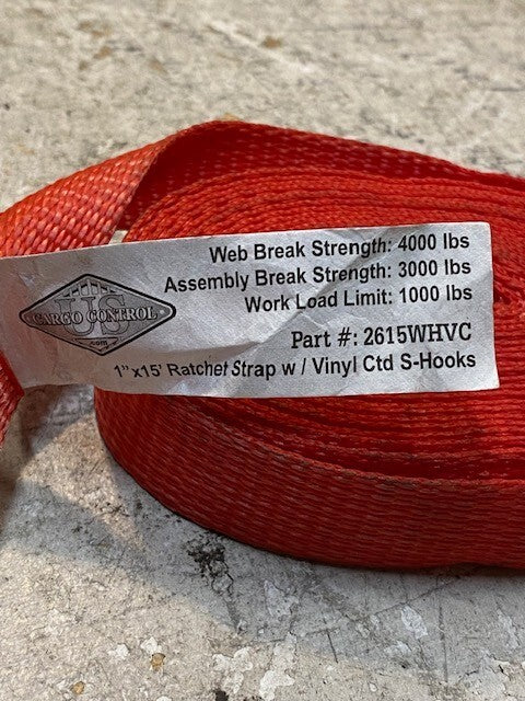 4 Qty of US Cargo 1" x 15' Ratchet Strap w/ Vinyl Ctd S-Hooks 2615WHVC (4 Qty)