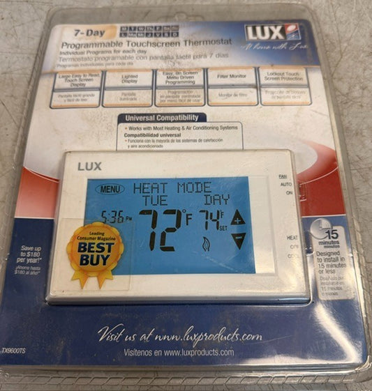 Lux TX9600TS 7 Day Touchscreen Programmable Thermostat Universal Compatibility