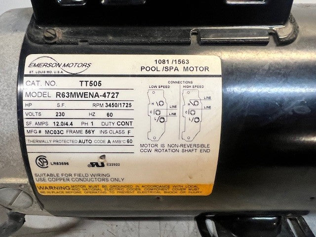Emerson Motors Pool/Spa Motor Model R63MWENA-4727 Electric Pump Motor 5HP 230V