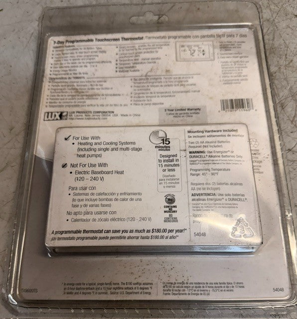 Lux TX9600TS 7 Day Touchscreen Programmable Thermostat Universal Compatibility