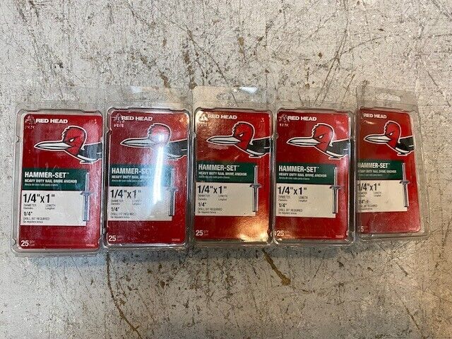 125 Quantity of Red Head Hammer-Set Nail Drive Anchors 1/4" x 1" (5 Boxes of 25)