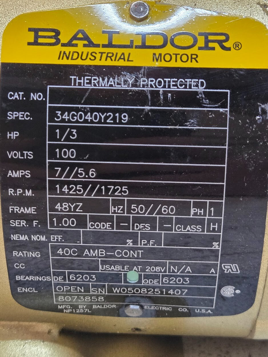 Baldor Pump Motor 34G040Y219 | 1/3 HP | 100 V | Frame 48YZ | 40 C | W0508251407