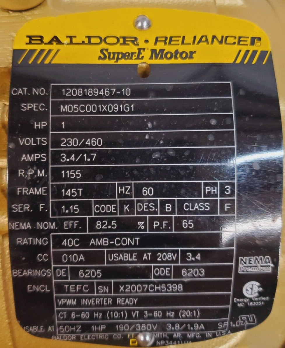 Baldor Reliance 1208189467-10 | M05C001X091G1 | 230/460V | 3.4/1.7A Motor