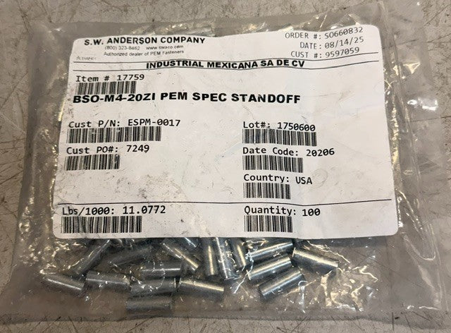Bag Of 100 S.W. Anderson PEM Blind Threaded Self-Clinching Standoff BSO-M4-20ZI