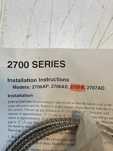 Edwards Signaling Sentrol Switches 2707A-L High Security Armored Cable