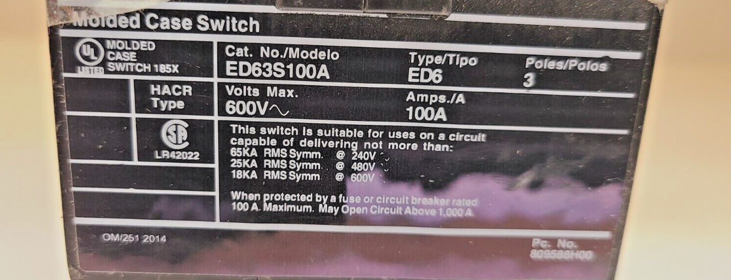 Siemens Molded Case Switch 185X ED63S100A | ED6 | 100A | 600V