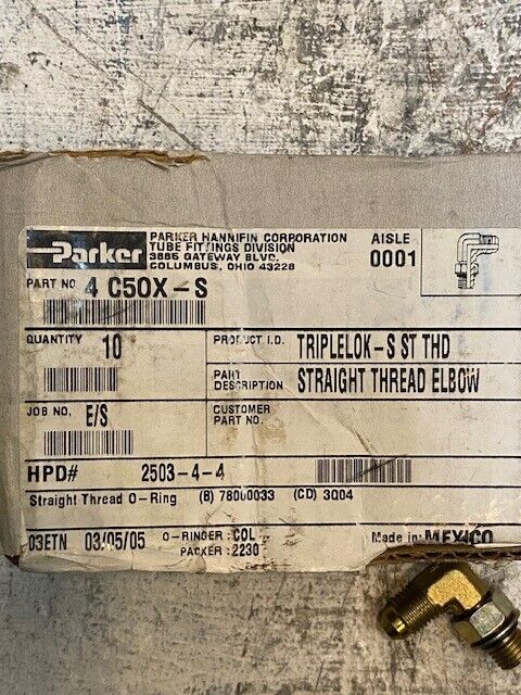 10 Qty of Parker 4C50X-S Triple-Lok Straight Thread Elbow Fittings (10 Qty)