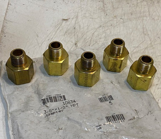 5 Quantity of Parker 10834 Brass Industrial Pipe Adapters 3/8"x 1/2" (5 Qty)